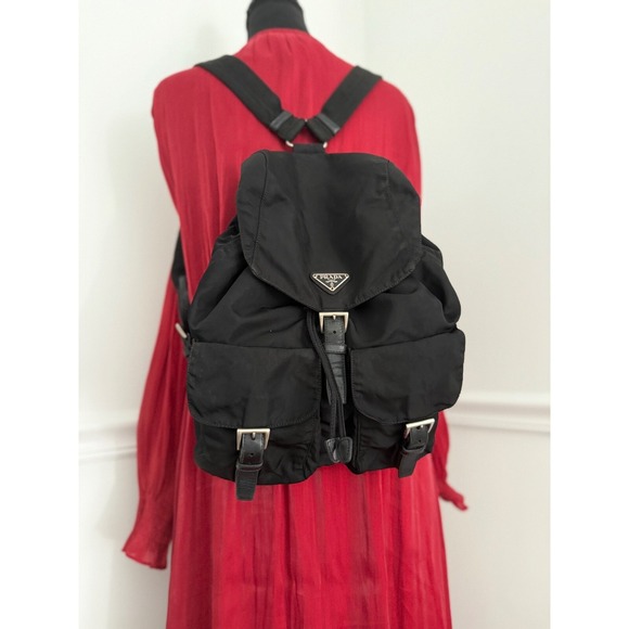 Vintage Prada Nylon Backpack Drawstring Flap pockets Black medium size authentic - Picture 1 of 11